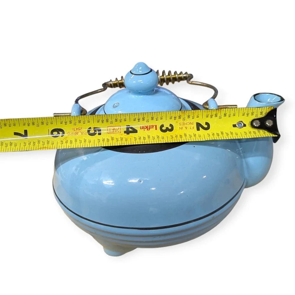 Vintage Art Deco Blue Ceramic Teapot Black Banded Tripod Feet Brass Coil‎ Handle